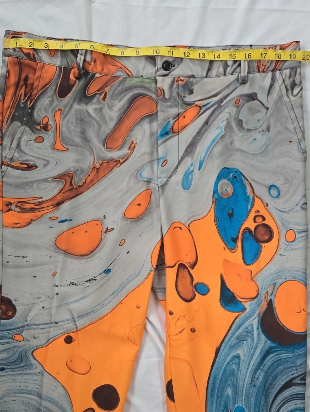 Men's GROOVY pants With Blue Aquatic Imagery And Yellow/Orange Abstract Shapes - Picture 4 of 13